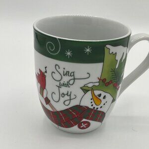 Fitz and Floyd Holly Hat Snowman Sing With Joy 12oz Christmas Mug